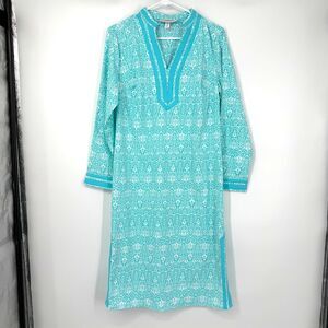 Coolibar Oceanside Tunic Dress Blue Pattern UPF 50+ UV Coverup Resort Beach M